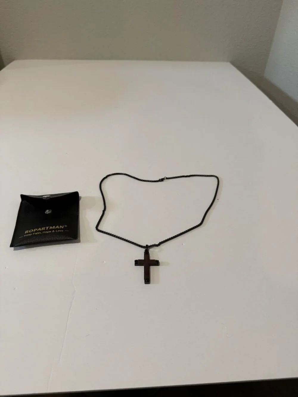 ROPARTMAN Wood and Black Steel Cross Pendant Necklace with Pouch Men's